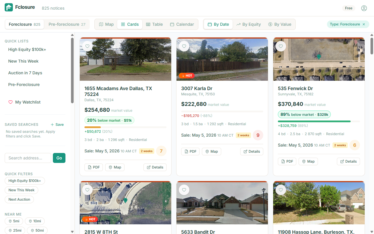 Fclosure dashboard with foreclosure properties, savings badges, and distress scores
